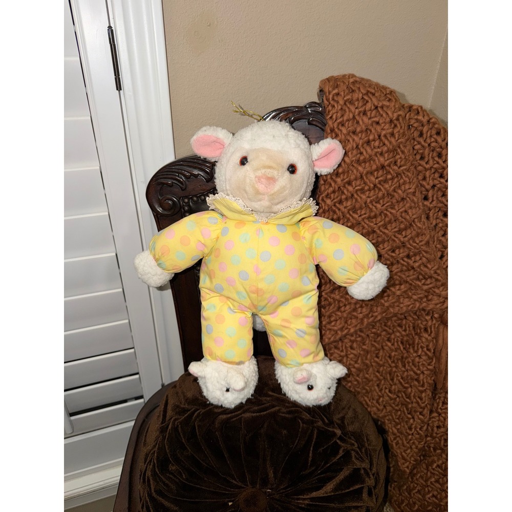 Vintage Plush Creations Lamb Sheep Yellow Polka Dot Pajamas Slippers 14 Inch